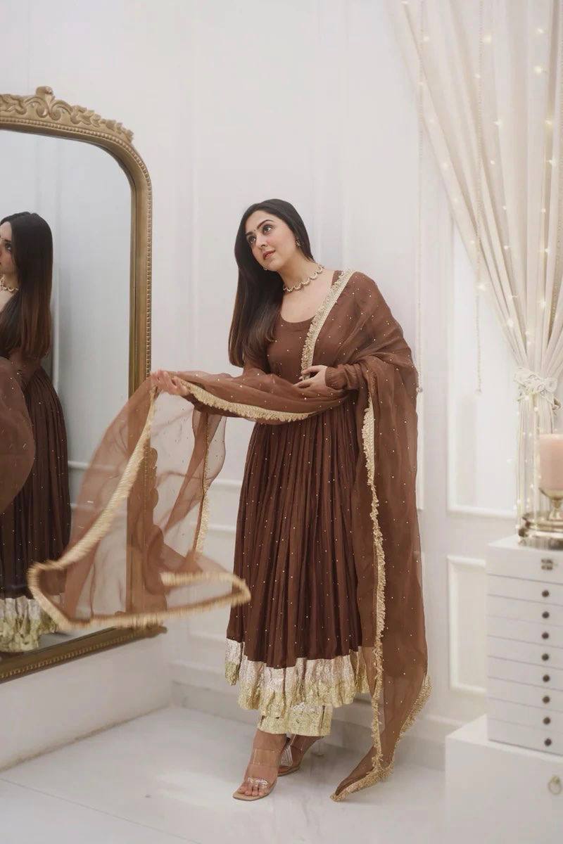Festive Wear Brown Color Moti Work Beautiful Gown