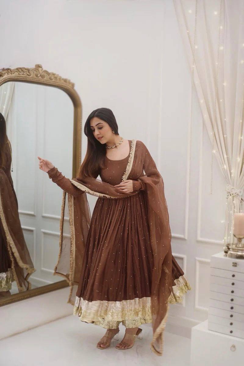 Festive Wear Brown Color Moti Work Beautiful Gown