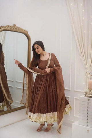 Festive Wear Brown Color Moti Work Beautiful Gown