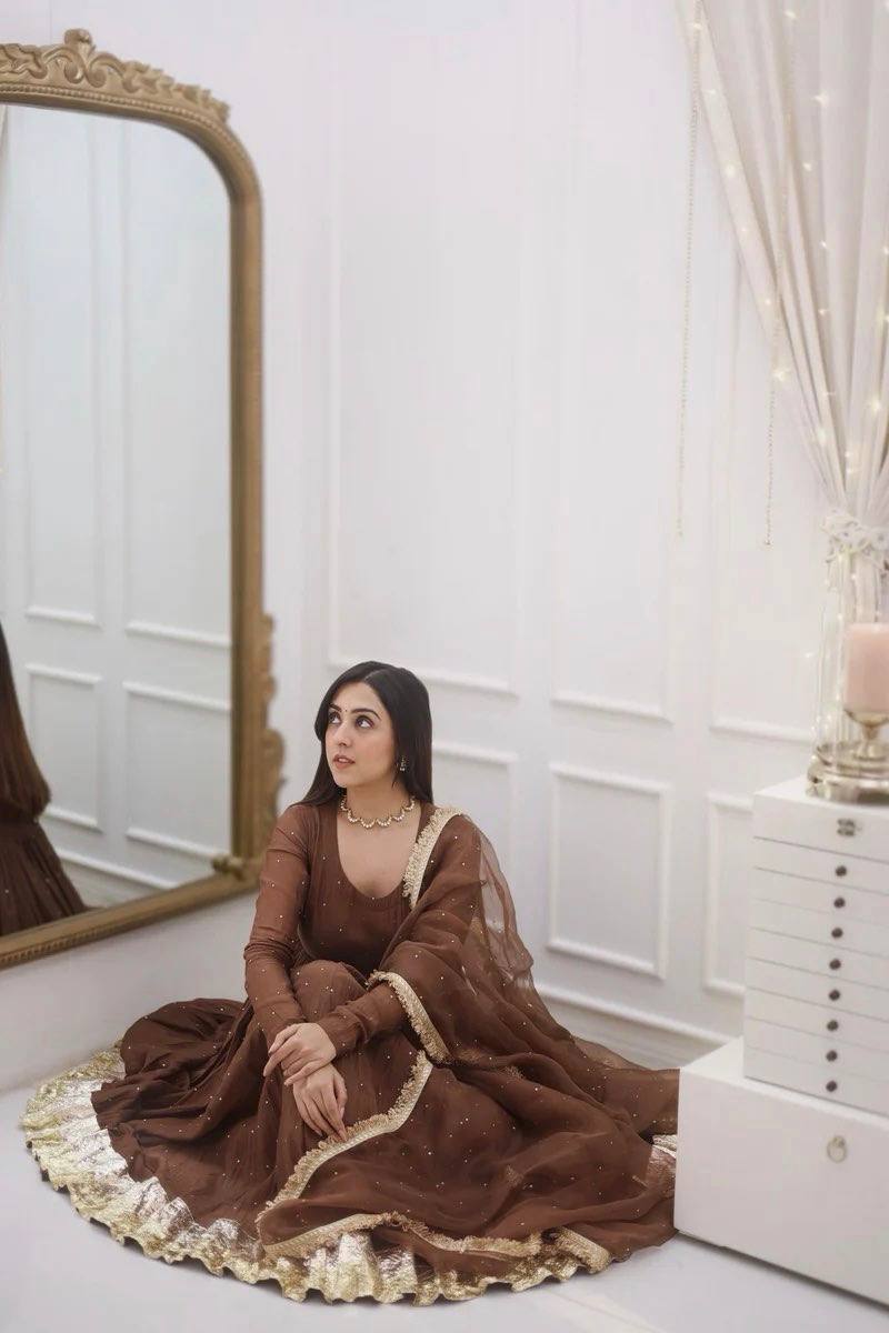 Festive Wear Brown Color Moti Work Beautiful Gown