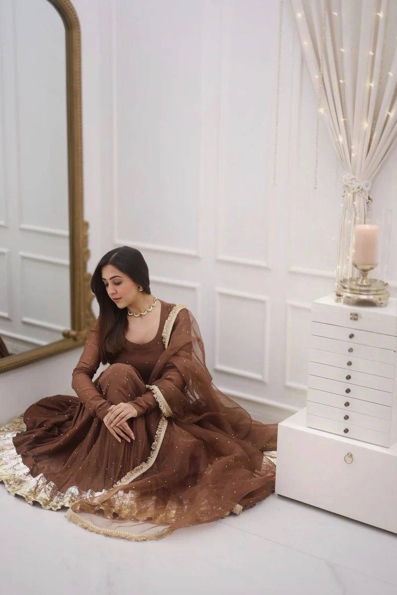 Festive Wear Brown Color Moti Work Beautiful Gown