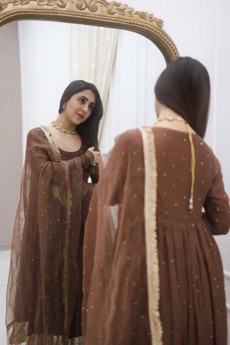 Festive Wear Brown Color Moti Work Beautiful Gown