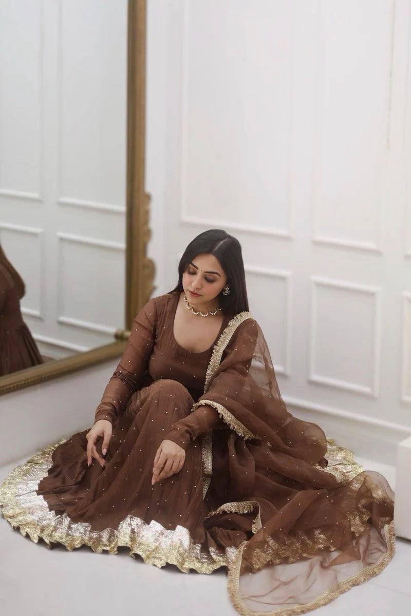 Festive Wear Brown Color Moti Work Beautiful Gown