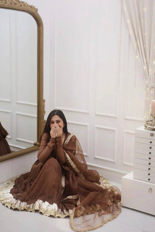 Festive Wear Brown Color Moti Work Beautiful Gown