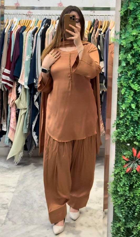 Wedding Wear Brown Color Heavy Georgette Top-Bottom-Dupatta Set