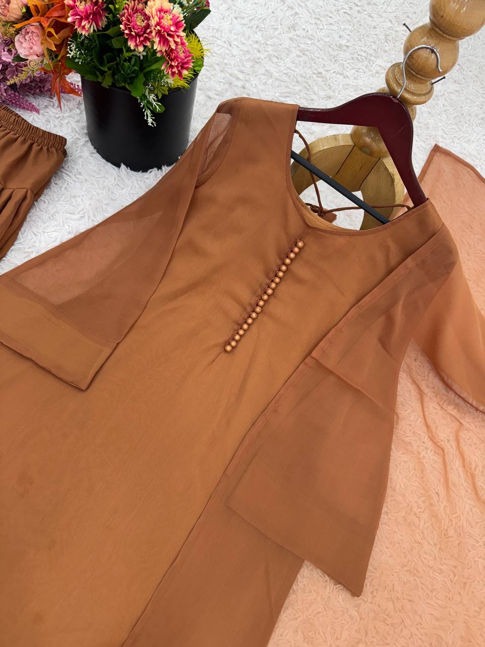 Wedding Wear Brown Color Heavy Georgette Top-Bottom-Dupatta Set