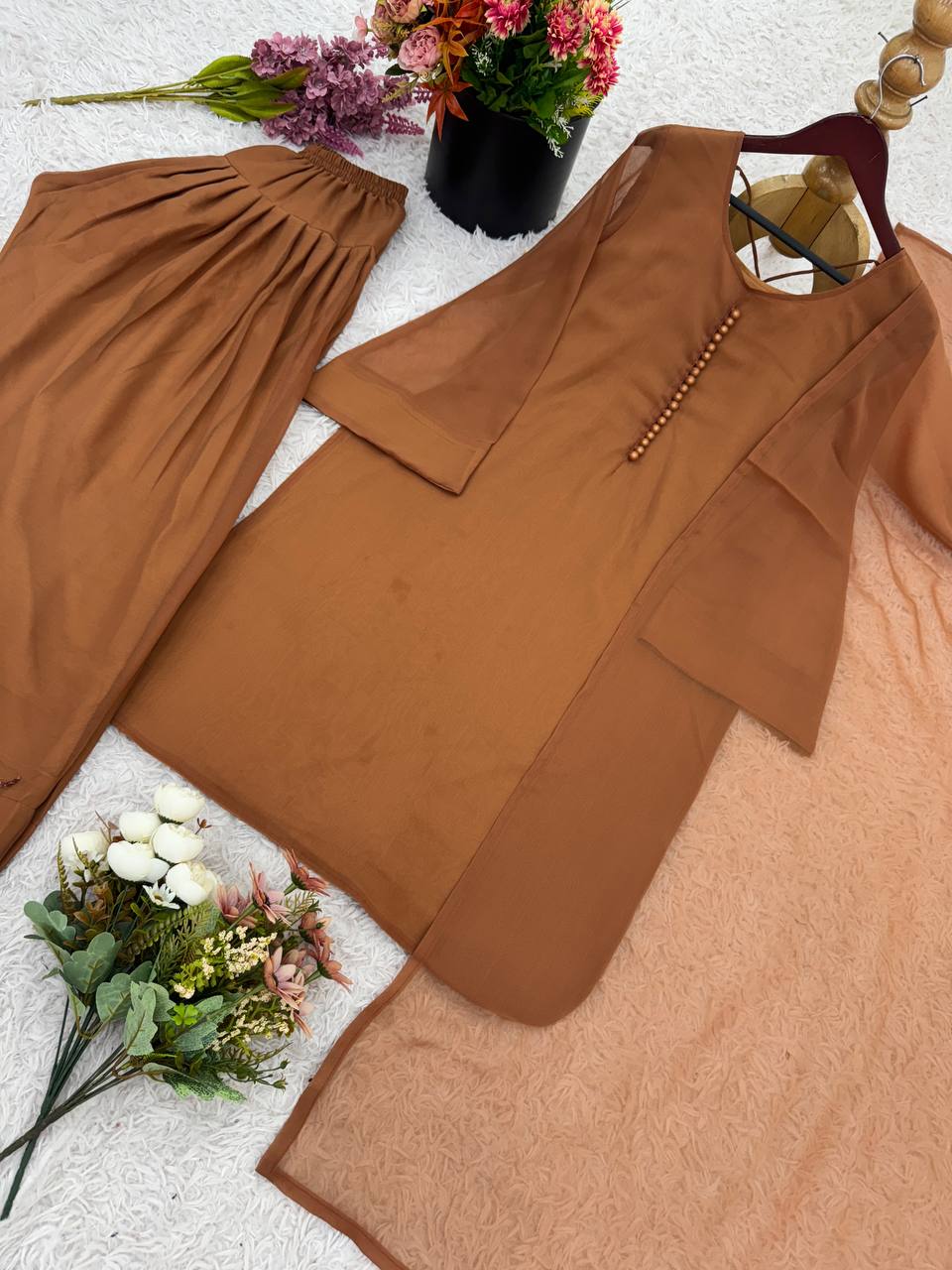 Wedding Wear Brown Color Heavy Georgette Top-Bottom-Dupatta Set