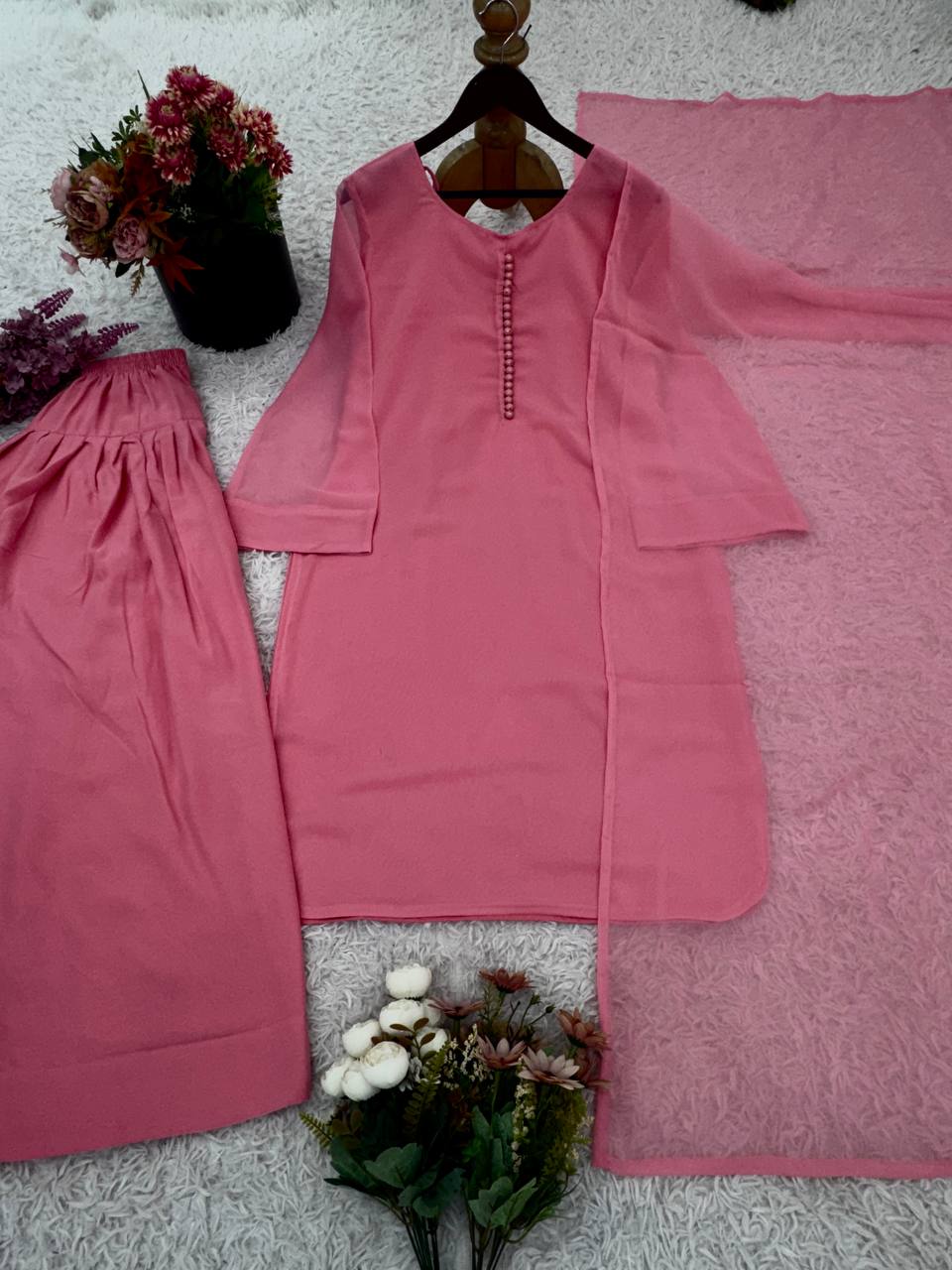 Ceremony Wear Baby Pink Color Heavy Georgette Top-Bottom-Dupatta Set