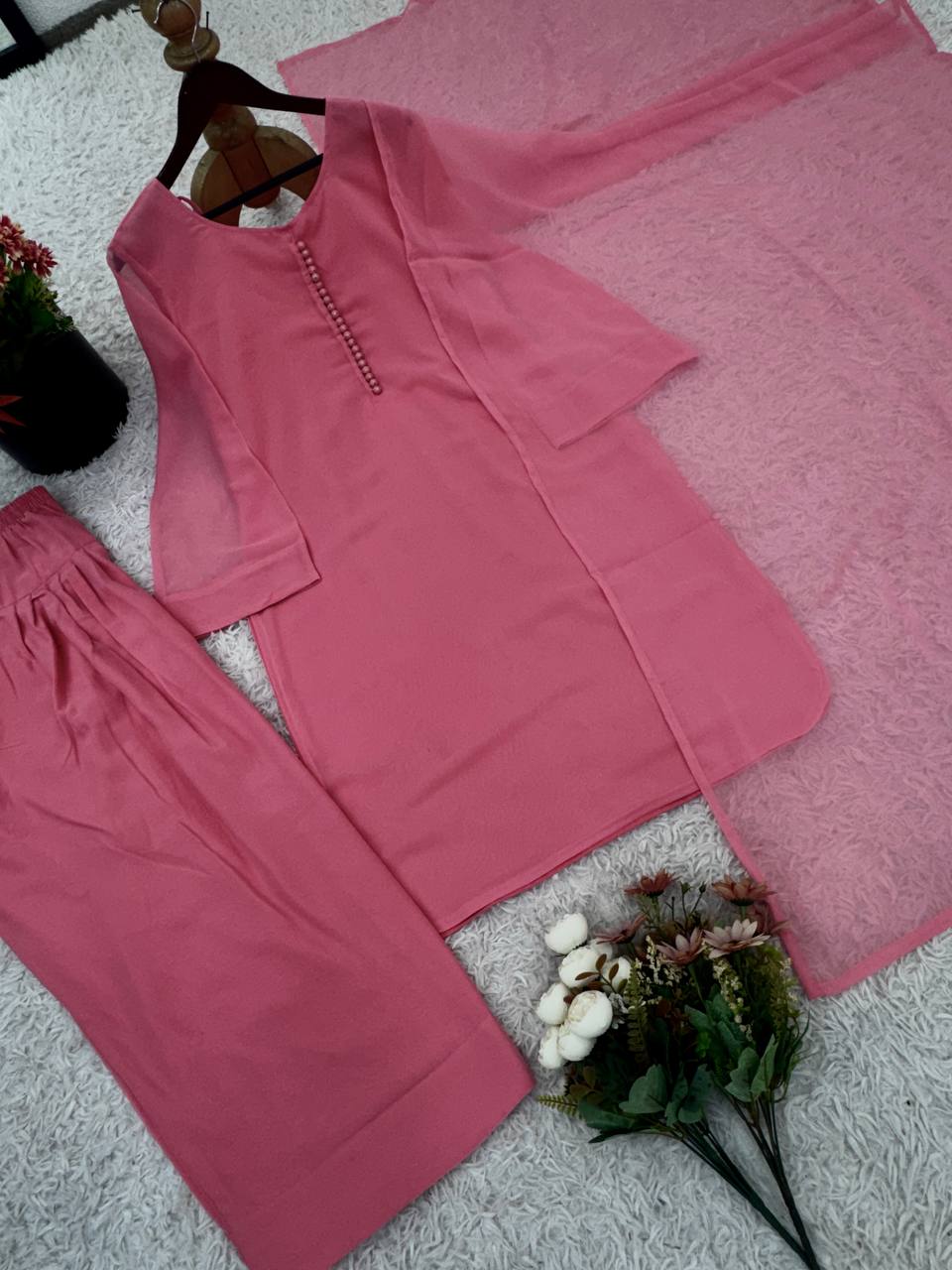 Ceremony Wear Baby Pink Color Heavy Georgette Top-Bottom-Dupatta Set