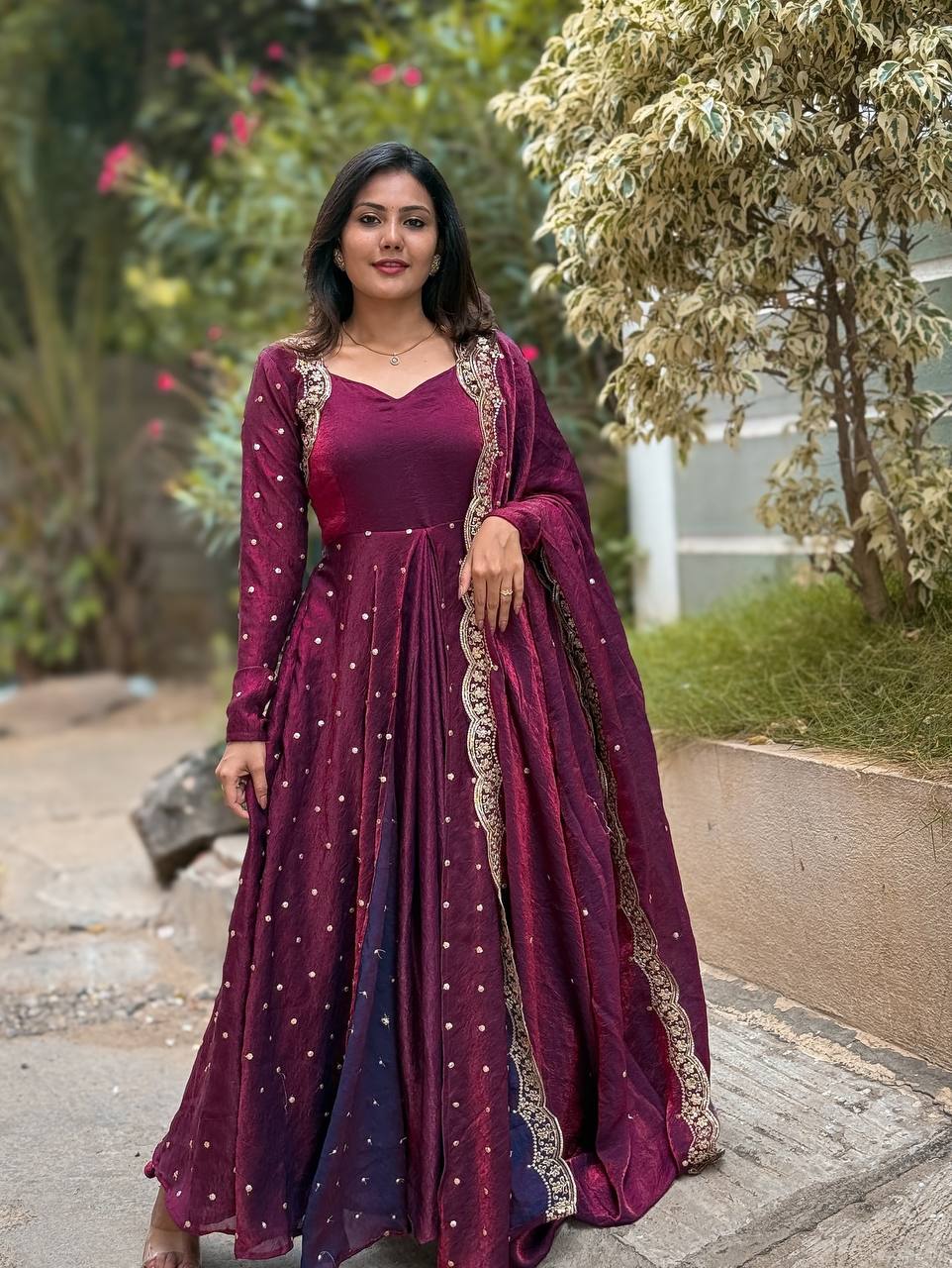 Party Wear Wine Color Embroidery With Sequence Work Beautiful Gown