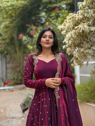 Party Wear Wine Color Embroidery With Sequence Work Beautiful Gown