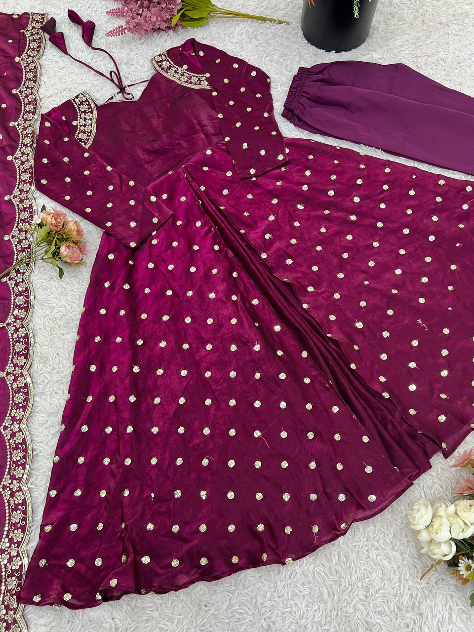 Party Wear Wine Color Embroidery With Sequence Work Beautiful Gown