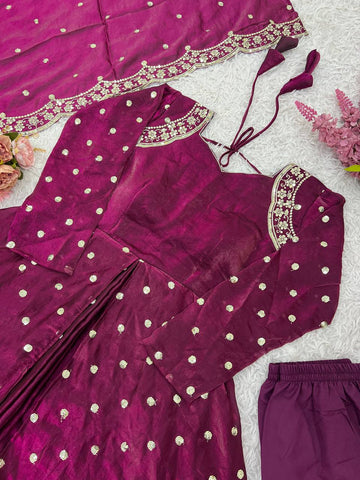 Party Wear Wine Color Embroidery With Sequence Work Beautiful Gown