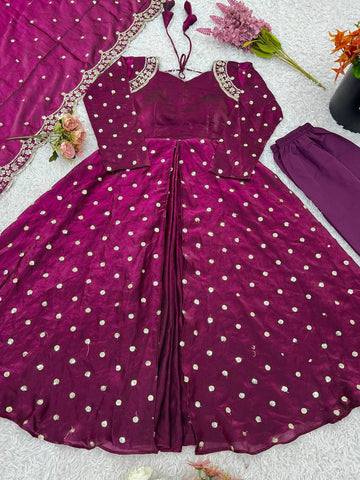 Party Wear Wine Color Embroidery With Sequence Work Beautiful Gown