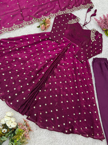 Party Wear Wine Color Embroidery With Sequence Work Beautiful Gown