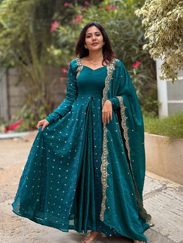 Party Wear Teal Color Embroidery With Sequence Work Beautiful Gown