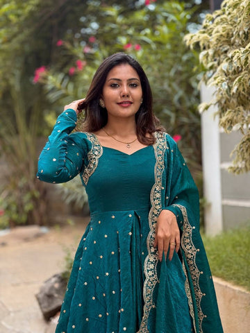 Party Wear Teal Color Embroidery With Sequence Work Beautiful Gown