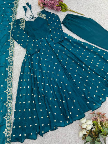 Party Wear Teal Color Embroidery With Sequence Work Beautiful Gown