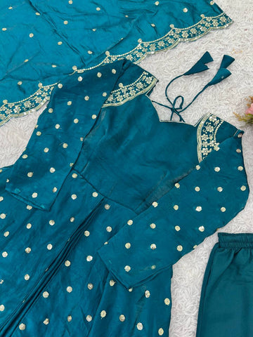 Party Wear Teal Color Embroidery With Sequence Work Beautiful Gown