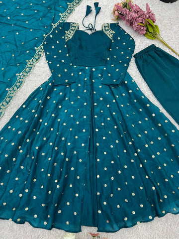 Party Wear Teal Color Embroidery With Sequence Work Beautiful Gown