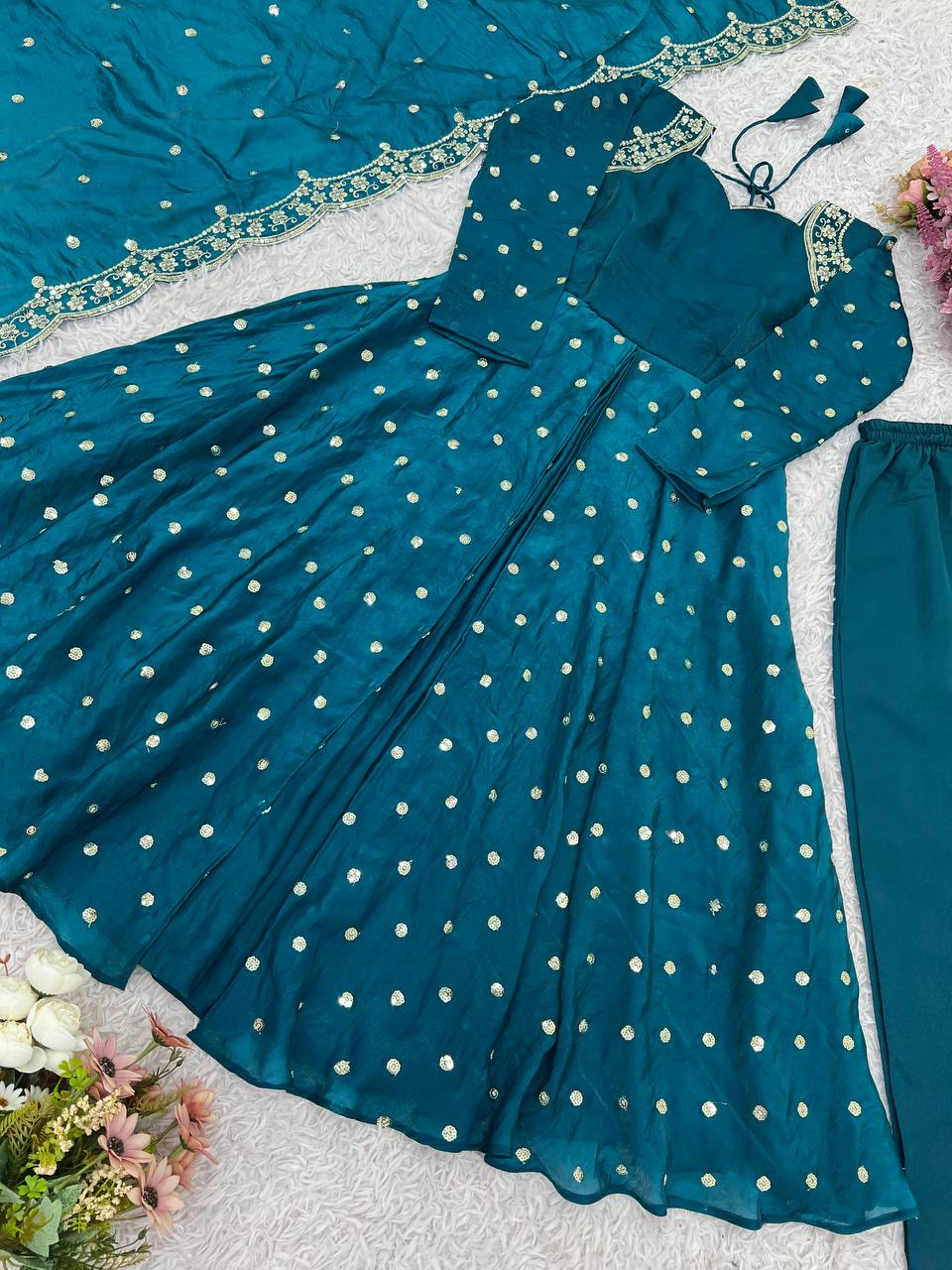 Party Wear Teal Color Embroidery With Sequence Work Beautiful Gown