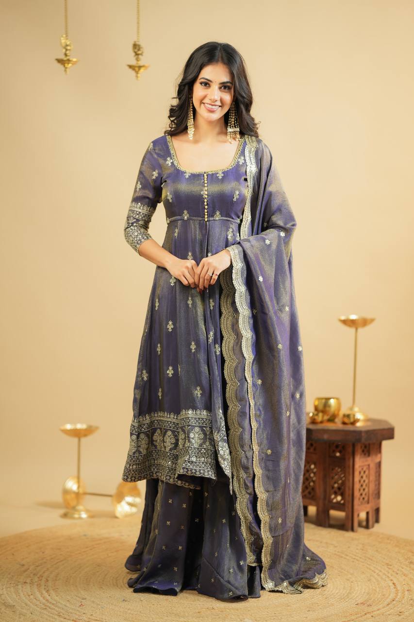 Wedding Wear Grey Color Embroidery Work Beautiful Anarkali Top With Lehenga