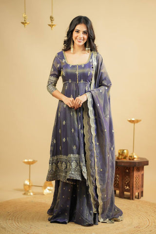 Wedding Wear Grey Color Embroidery Work Beautiful Anarkali Top With Lehenga