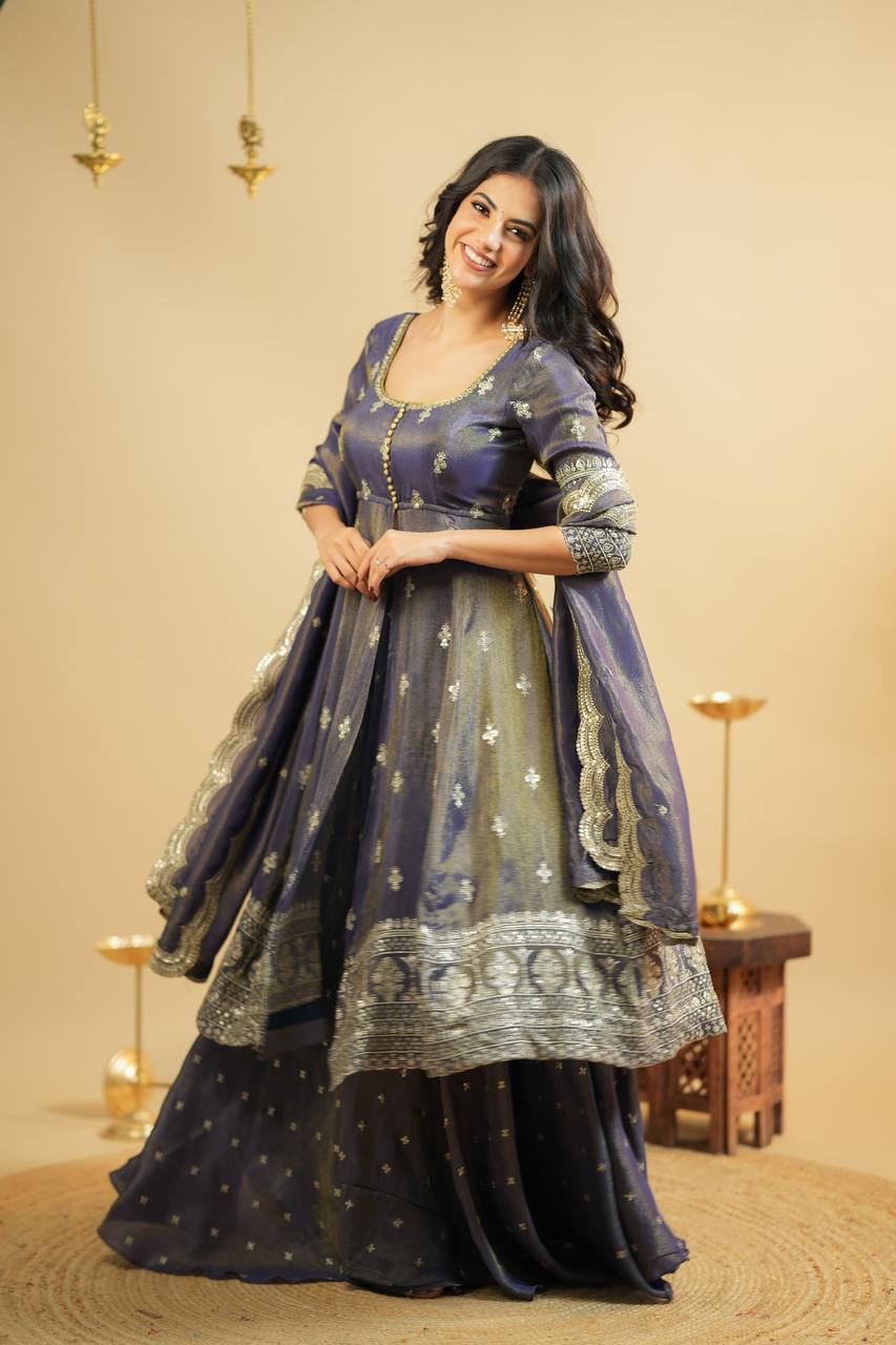 Wedding Wear Grey Color Embroidery Work Beautiful Anarkali Top With Lehenga