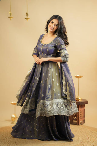 Wedding Wear Grey Color Embroidery Work Beautiful Anarkali Top With Lehenga