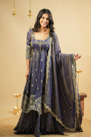 Wedding Wear Grey Color Embroidery Work Beautiful Anarkali Top With Lehenga