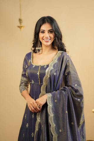 Wedding Wear Grey Color Embroidery Work Beautiful Anarkali Top With Lehenga
