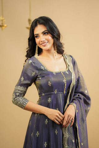 Wedding Wear Grey Color Embroidery Work Beautiful Anarkali Top With Lehenga
