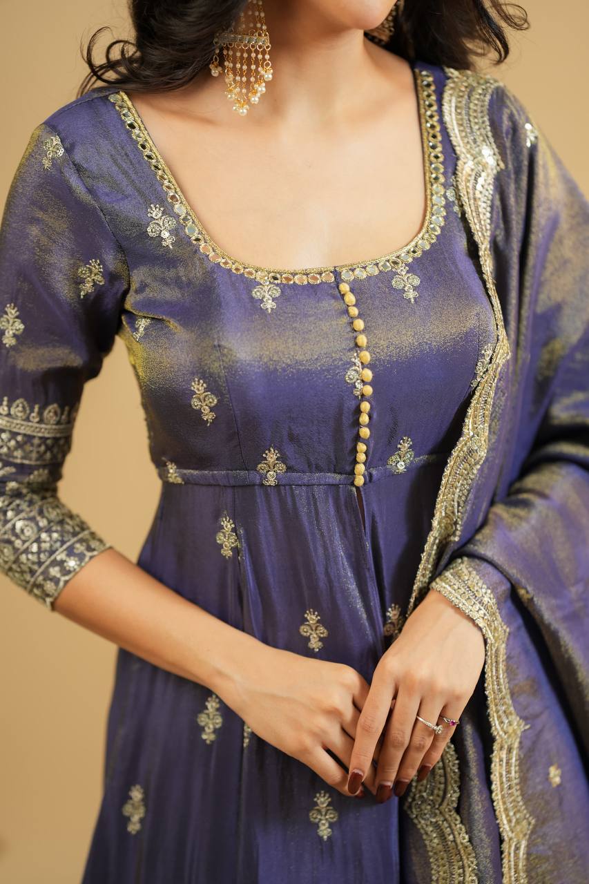 Wedding Wear Grey Color Embroidery Work Beautiful Anarkali Top With Lehenga