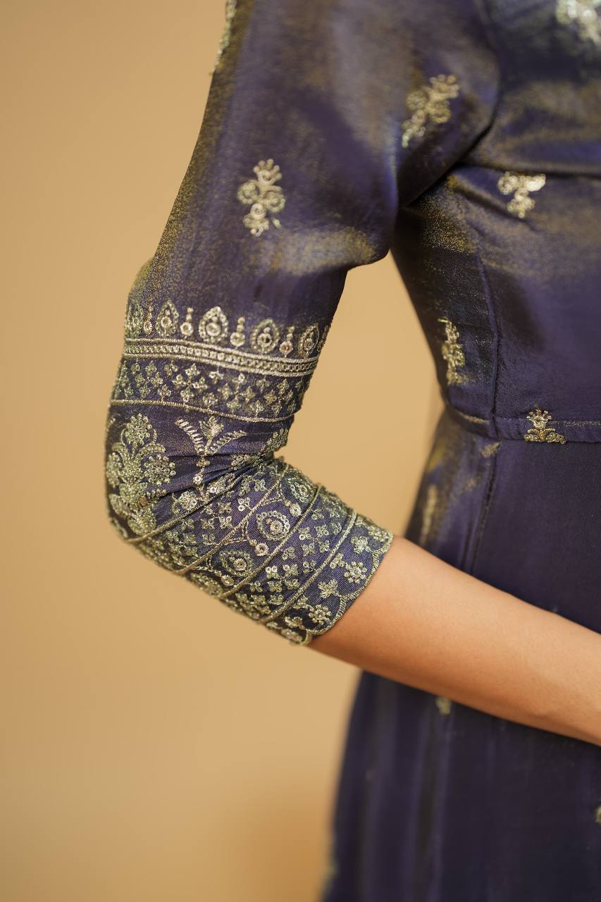 Wedding Wear Grey Color Embroidery Work Beautiful Anarkali Top With Lehenga