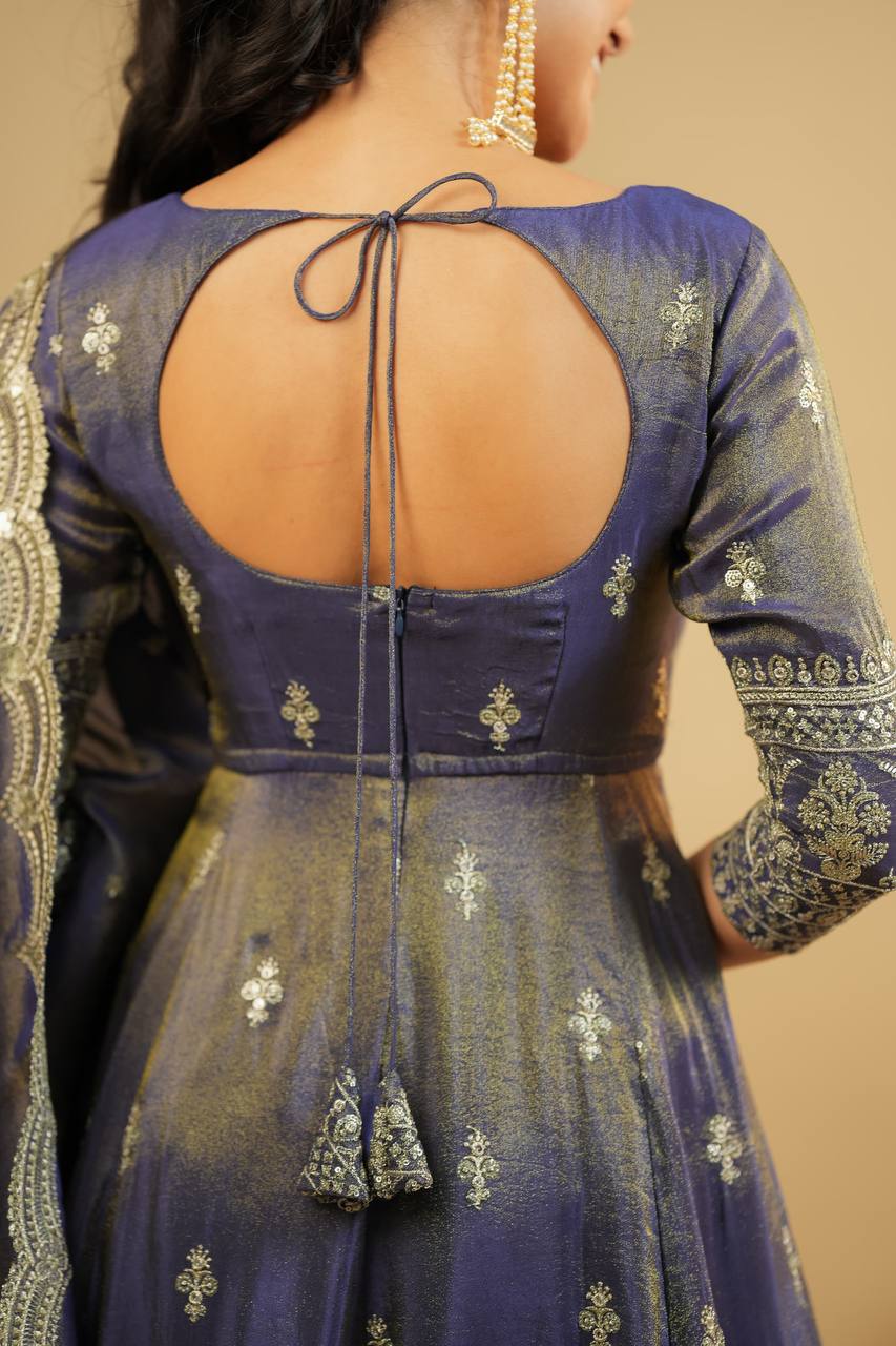 Wedding Wear Grey Color Embroidery Work Beautiful Anarkali Top With Lehenga