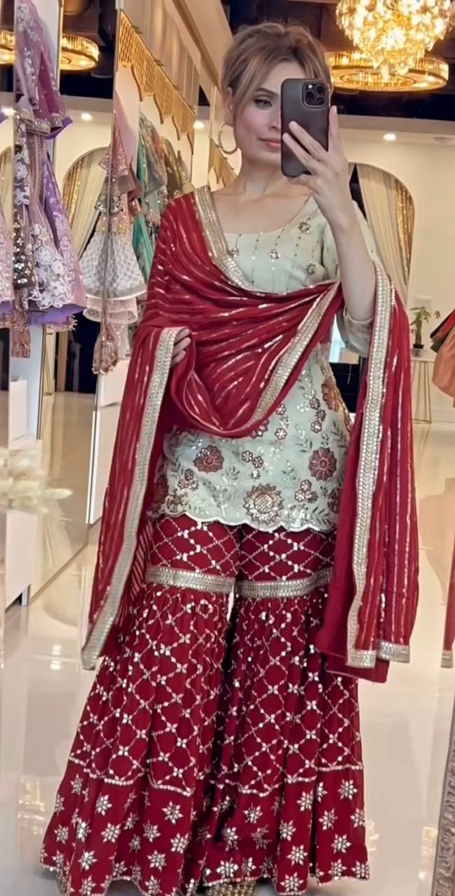 Function Wear Cream And Maroon Color Sequins Embroidered Ready To Wear Sharara Suit
