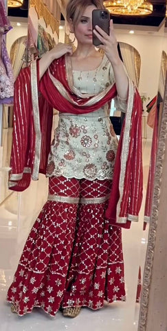 Function Wear Cream And Maroon Color Sequins Embroidered Ready To Wear Sharara Suit
