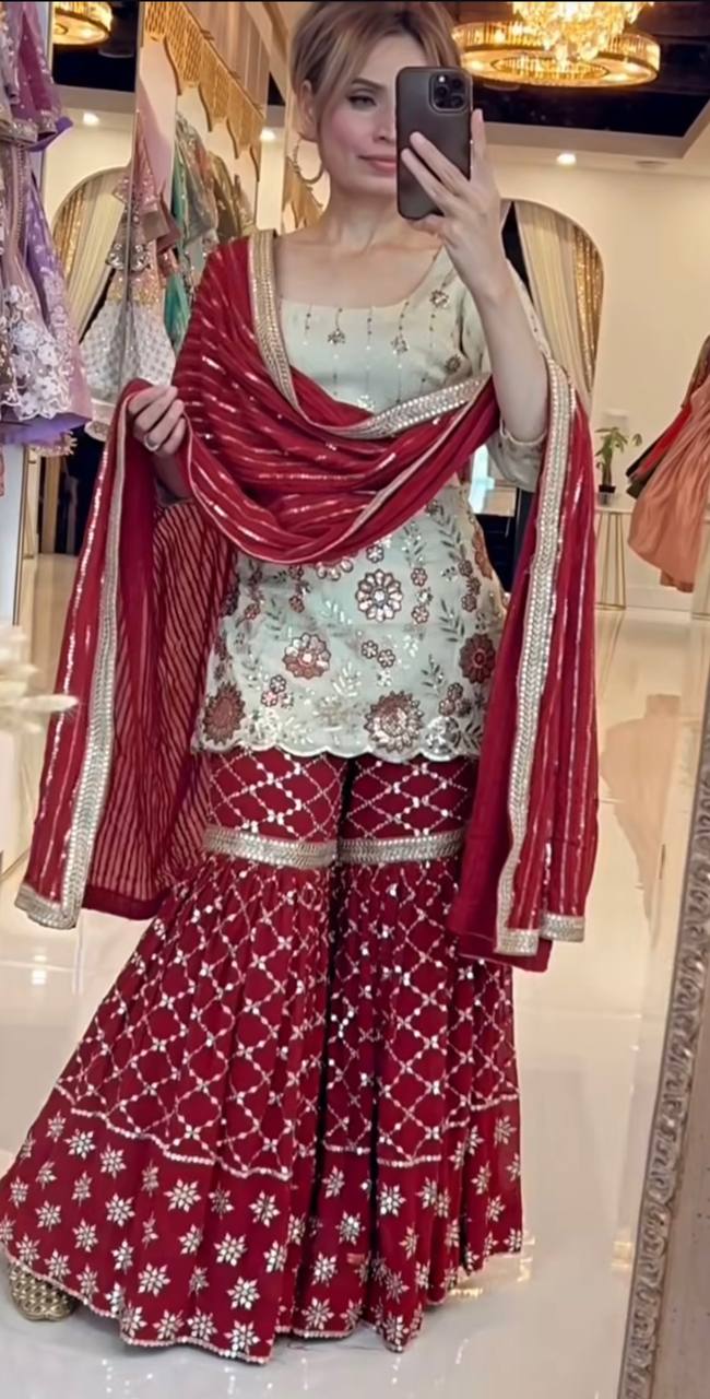 Function Wear Cream And Maroon Color Sequins Embroidered Ready To Wear Sharara Suit
