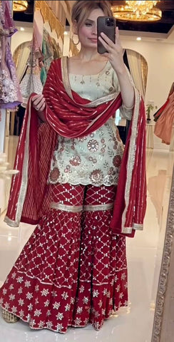 Function Wear Cream And Maroon Color Sequins Embroidered Ready To Wear Sharara Suit