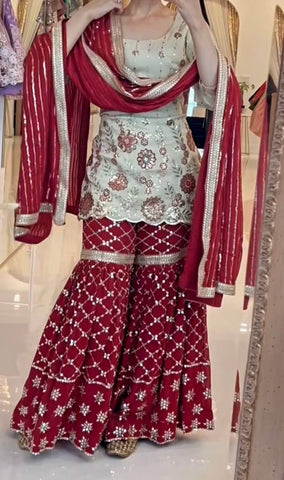 Function Wear Cream And Maroon Color Sequins Embroidered Ready To Wear Sharara Suit