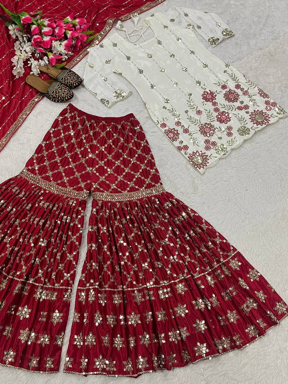 Function Wear Cream And Maroon Color Sequins Embroidered Ready To Wear Sharara Suit