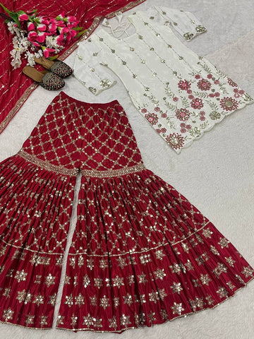 Function Wear Cream And Maroon Color Sequins Embroidered Ready To Wear Sharara Suit