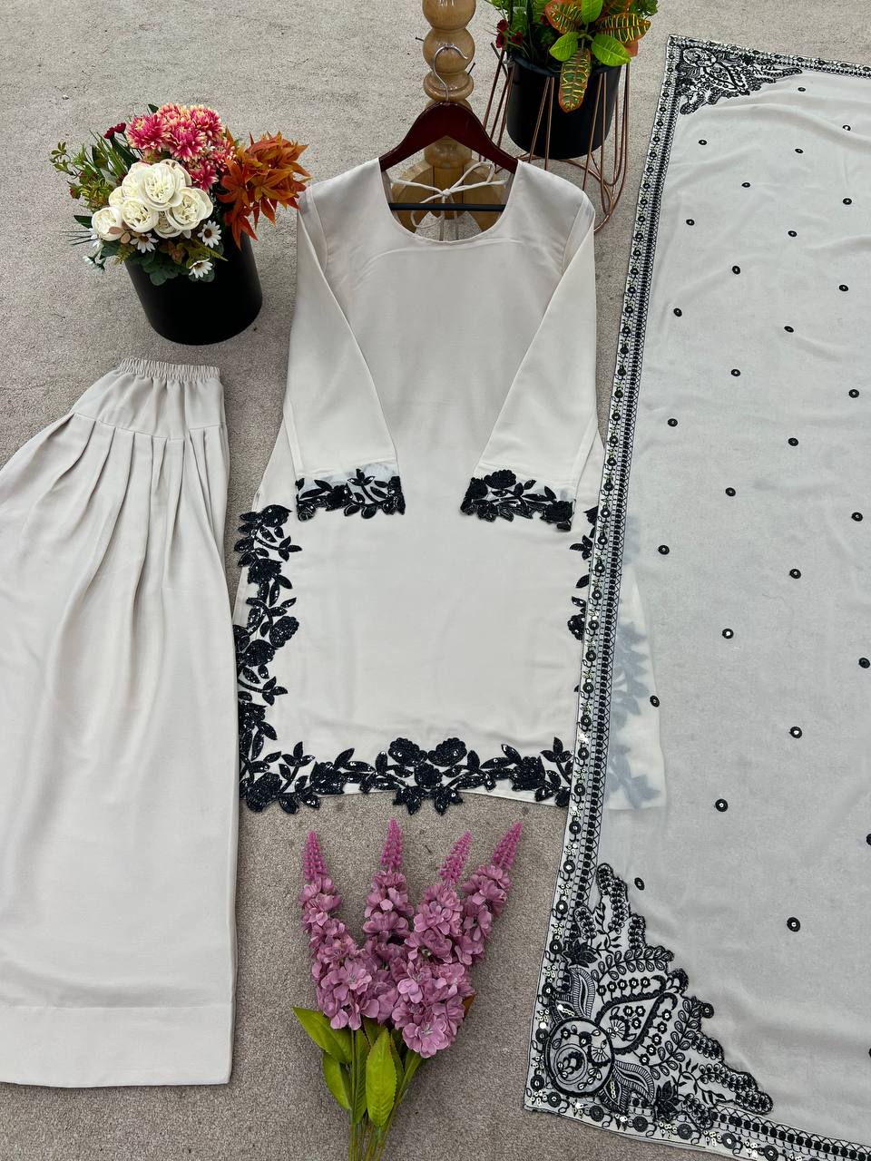 Special Wedding Wear Off White Color Star Georgette With Embroidery Sequin Work Ready TO Wear Palazzo Suit