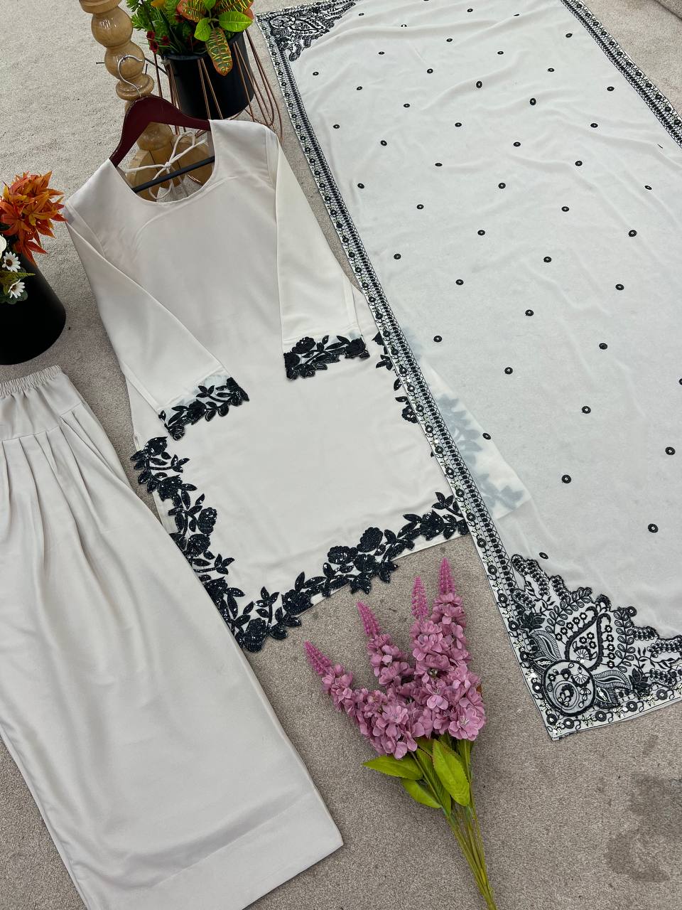 Special Wedding Wear Off White Color Star Georgette With Embroidery Sequin Work Ready TO Wear Palazzo Suit