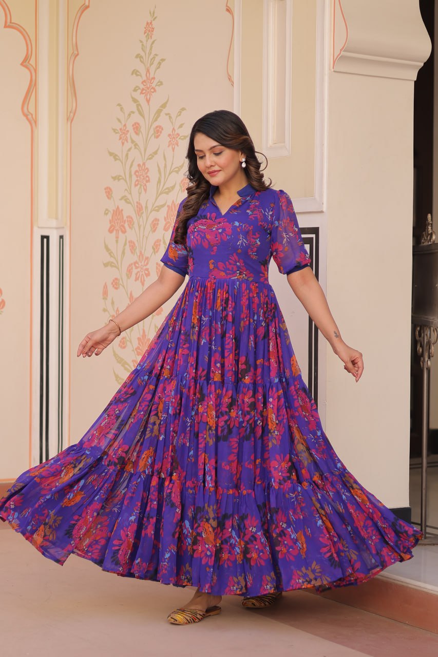 Beautiful Blue Color Faux Georgette Floral Printed Gown