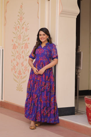 Beautiful Blue Color Faux Georgette Floral Printed Gown