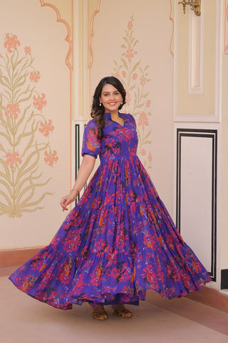 Beautiful Blue Color Faux Georgette Floral Printed Gown