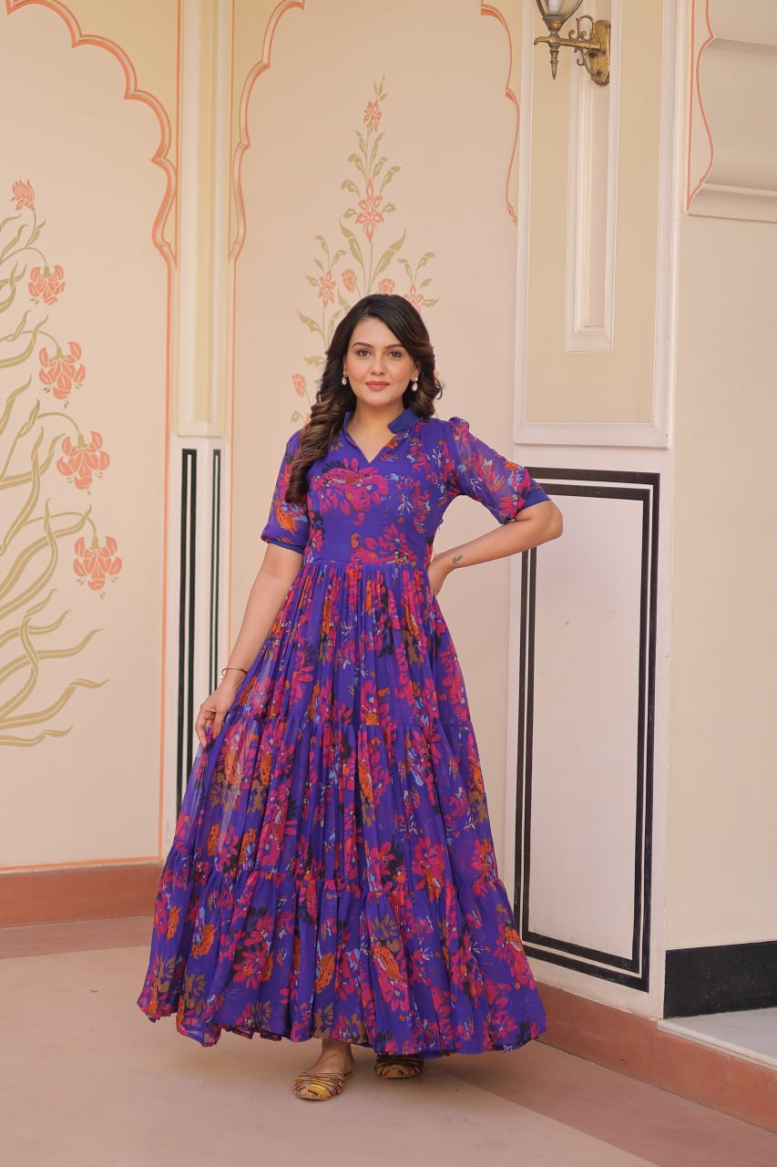 Beautiful Blue Color Faux Georgette Floral Printed Gown