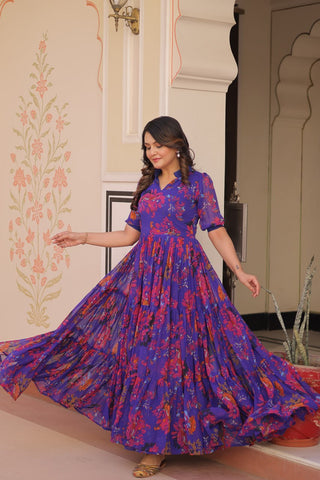 Beautiful Blue Color Faux Georgette Floral Printed Gown