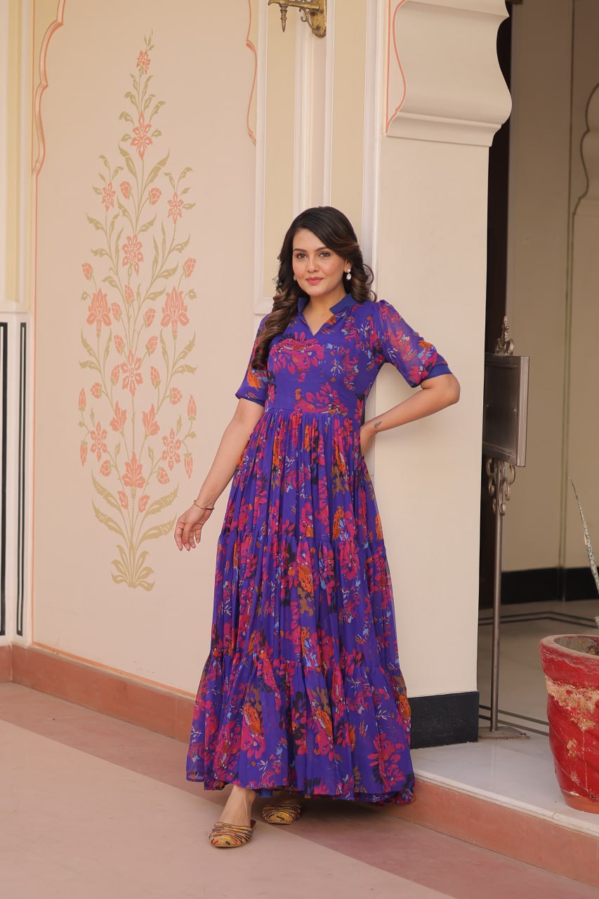 Beautiful Blue Color Faux Georgette Floral Printed Gown